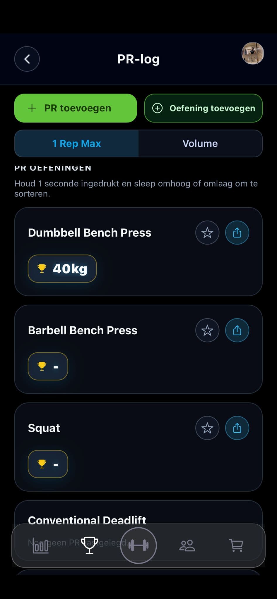 PR-log screenshot from the MyMuscle app