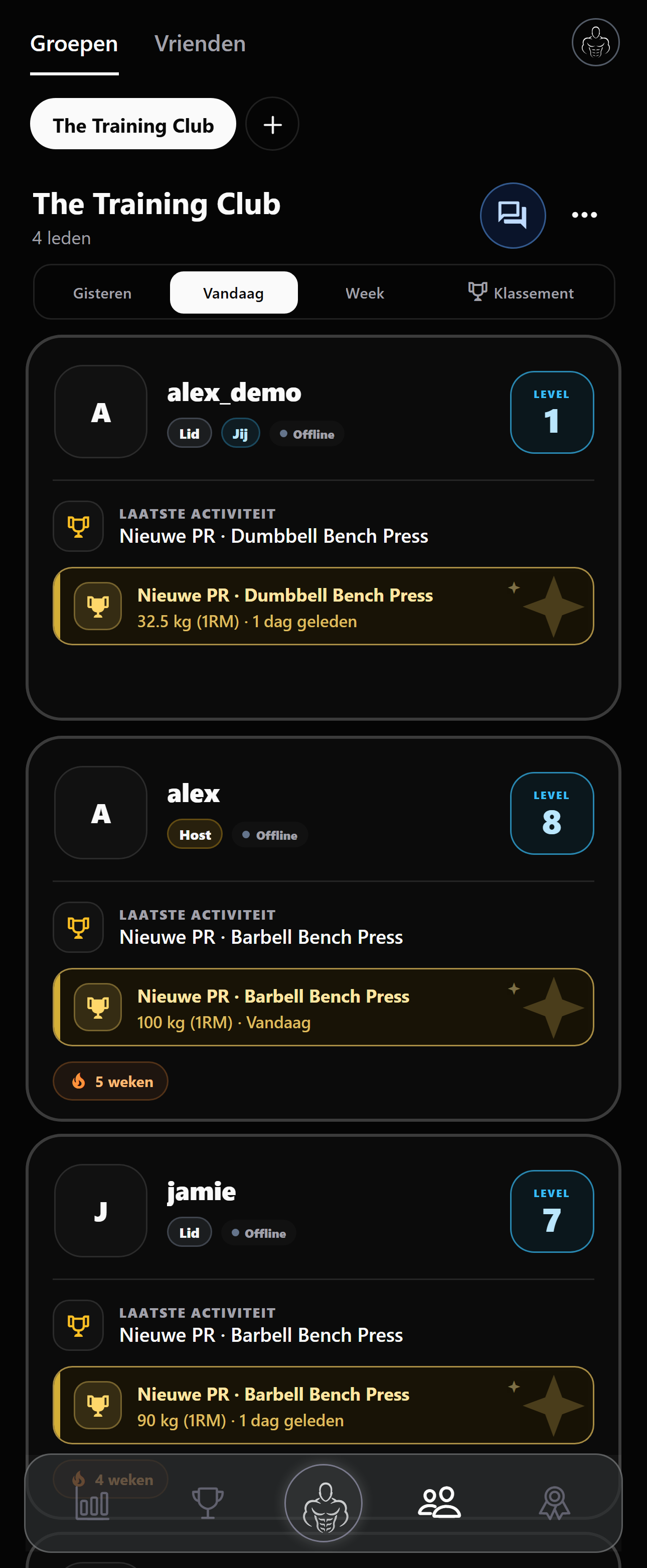 Actual MyMuscle Groups screen showing The Training Club, member profiles, personal records and training streaks