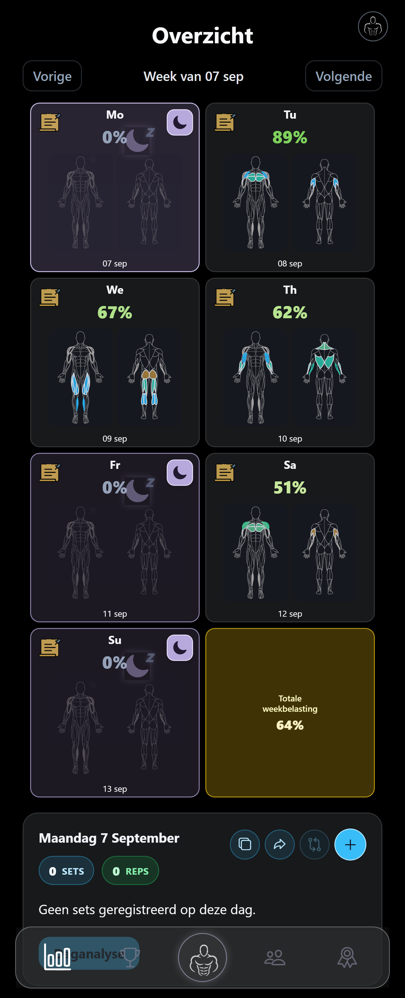 Current MyMuscle weekly overview with muscle load maps, purple rest days and moon recovery symbols